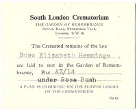 Creamatorium details for Rose Hemmings (nee Partleton)